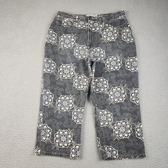LA Blues Denim - Vintage White Black Floral AOP High Rise Straight Leg Jeans Womens 16 Capri Pant